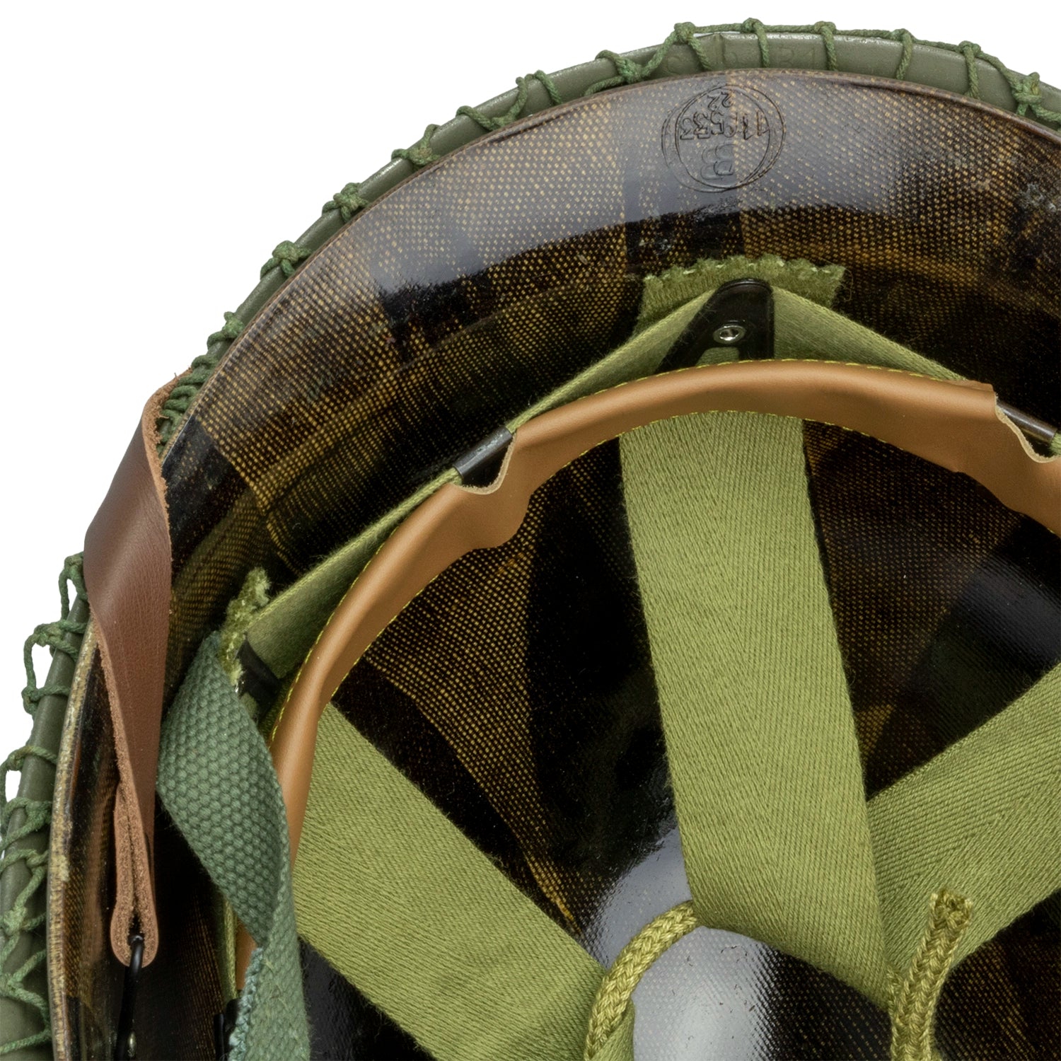 Casque complet parachutiste version M1-C Market Garden de NCO du 506th PIR de la 101st Abn, gros plan de l'avant intérieur.