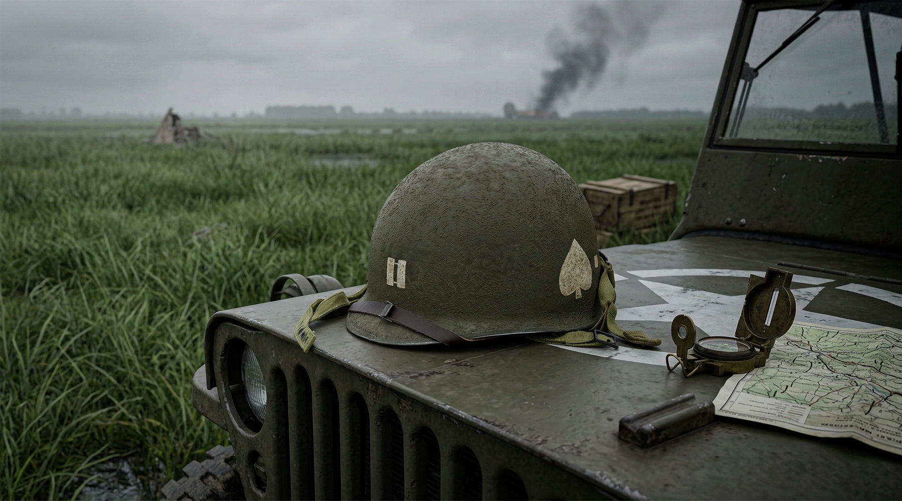 Casque complet parachutiste 506th PIR 1st Bn Battle Battered Mon Casque M1 posé sur le capot d'une Jeep Desktop