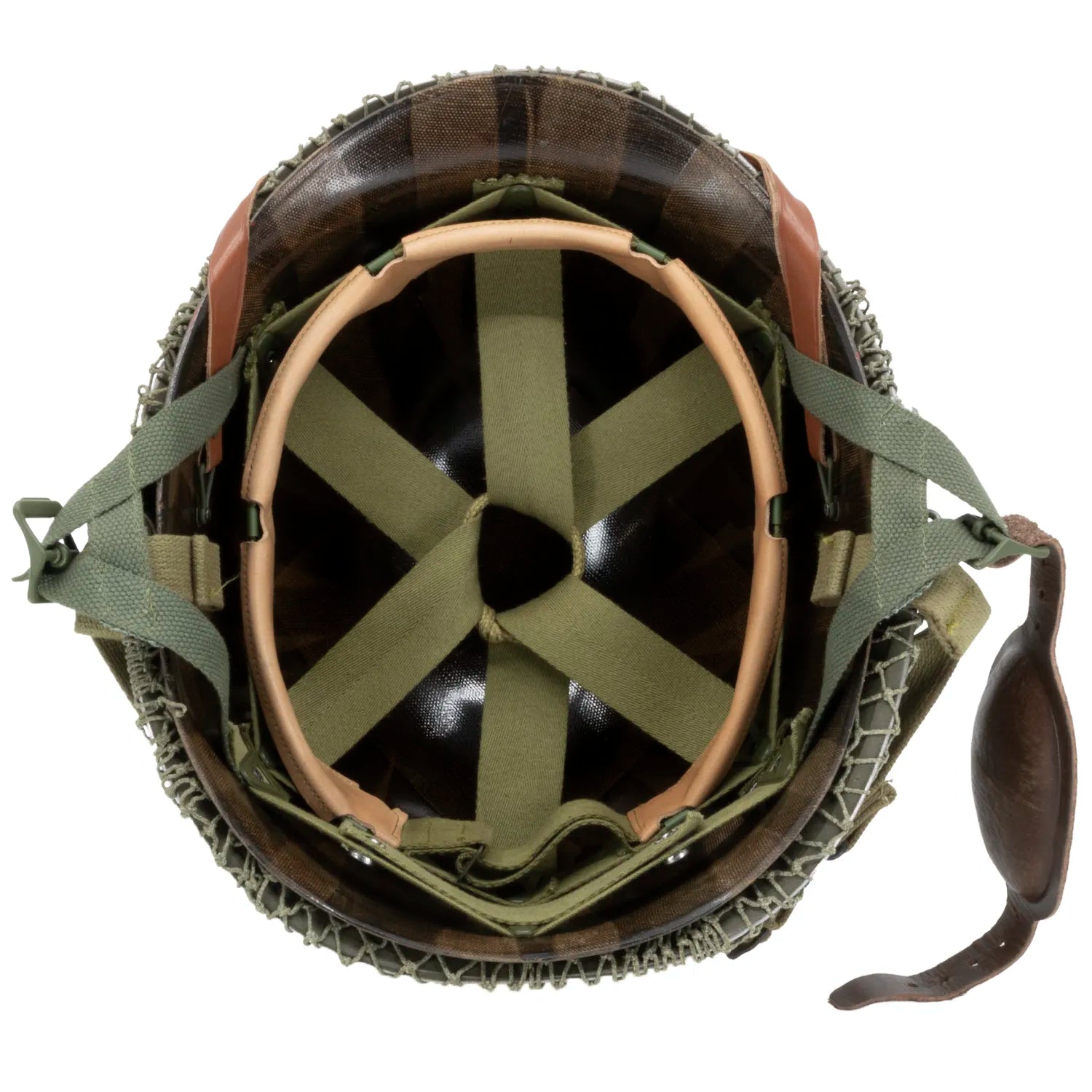 Vue interieur du casque complet parachutiste M1-C original avec sa coque McCord 884C et son liner Westinghouse, marquage 506th PIR 2nd bn NCO.