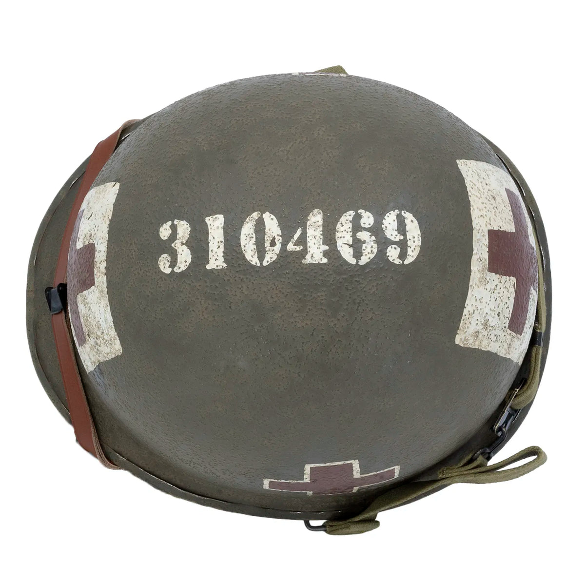 Oberseite des US M1 Combat-Medic-Helms McCord 970A mit der Kennnummer 310469 als weisser Schablonenaufdruck