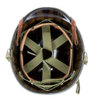 Innenansicht des Firestone-Innenhelms von oben, Aufhaengung aus olivgruenem Baumwollgurtband und Kopfband aus Leder