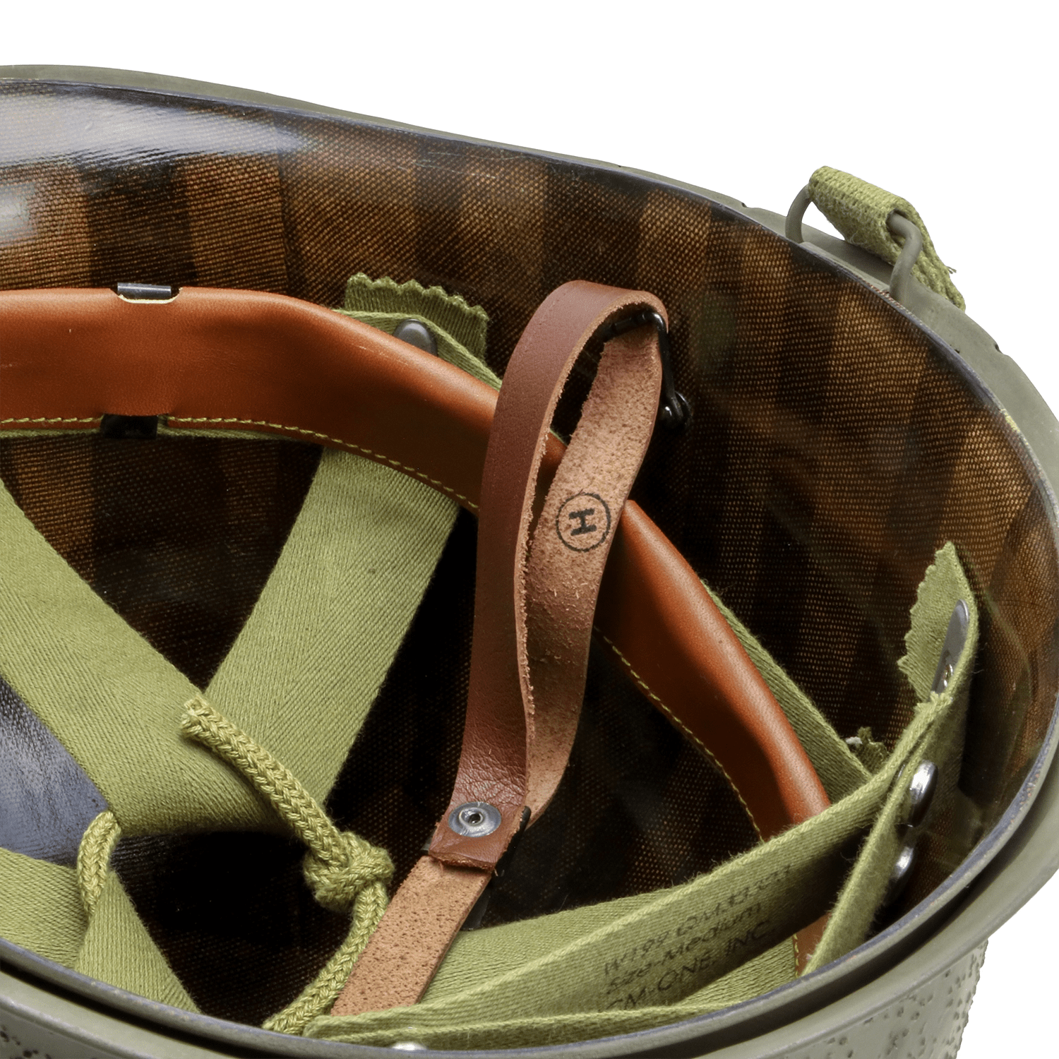 Casque Complet Infanterie McCord 1023B - Liner Finland vue interieur latérale du marquage de la jugulaire en cuir de liner