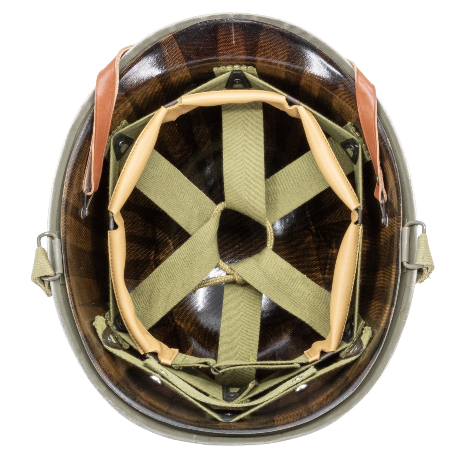 Casque Complet Infanterie Original Schlueter et liner Firestone version 29th ID 2nd Lieutenant Battle Battered vue interieure du liner.