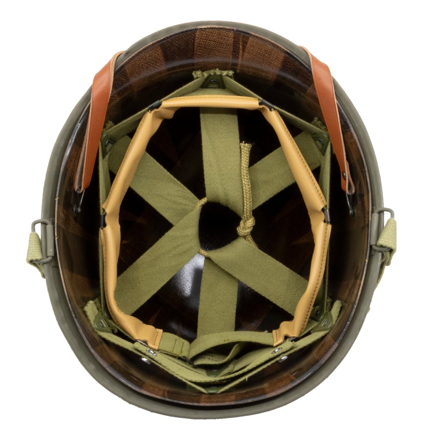 Casque Complet Infanterie Schlueter 90A - Liner Westinghouse avec son filet grandes mailles vue interieure du liner en fibre.