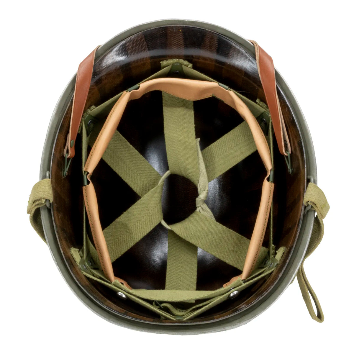 Intérieur du casque US M1 McCord 781B, liner Firestone remonté avec sa suspension en sangles coton