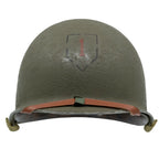 Casque US M1 McCord 781B vu de face, jugulaire à barre surélevée en sangle OD#3 sable et cerclage inox