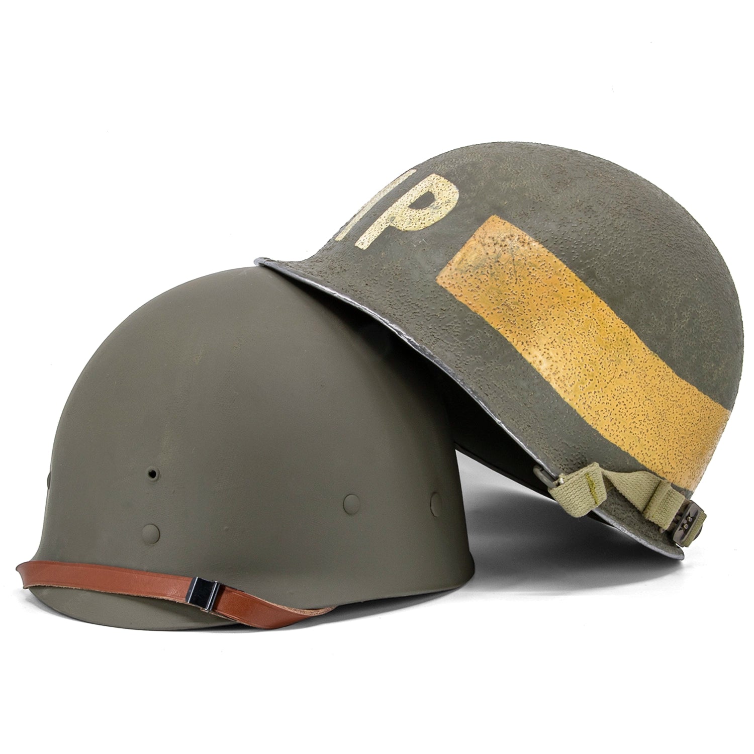 Casque complet infanterie Schlueter 365A S Liner Westinghouse -MP Jaune Battle Battered, vue de la coque posée sur le liner 2