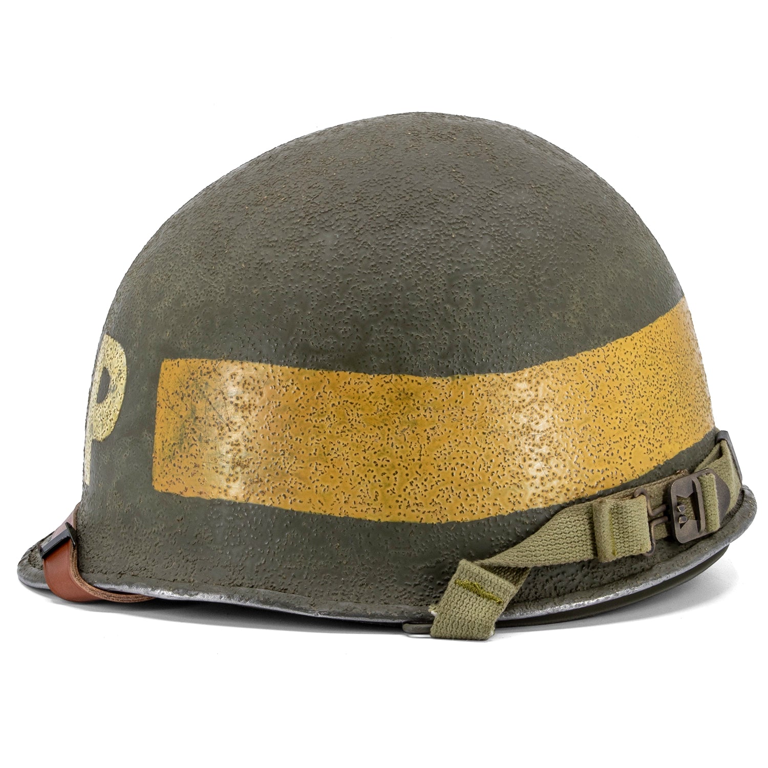 Casque complet infanterie Schlueter 365A S Liner Westinghouse -MP Jaune Battle Battered, vue latérale gauche.
