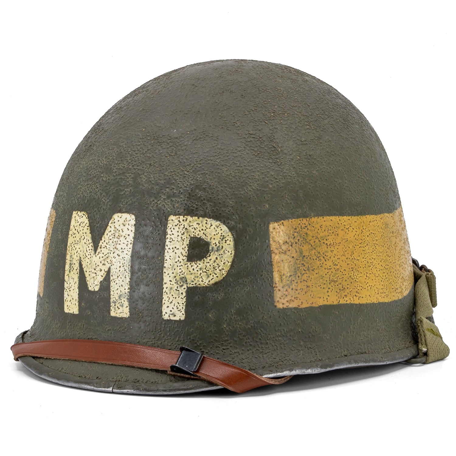 Casque complet infanterie Schlueter 365A S Liner Westinghouse -MP Jaune Battle Battered, vue de 3/4 avant.