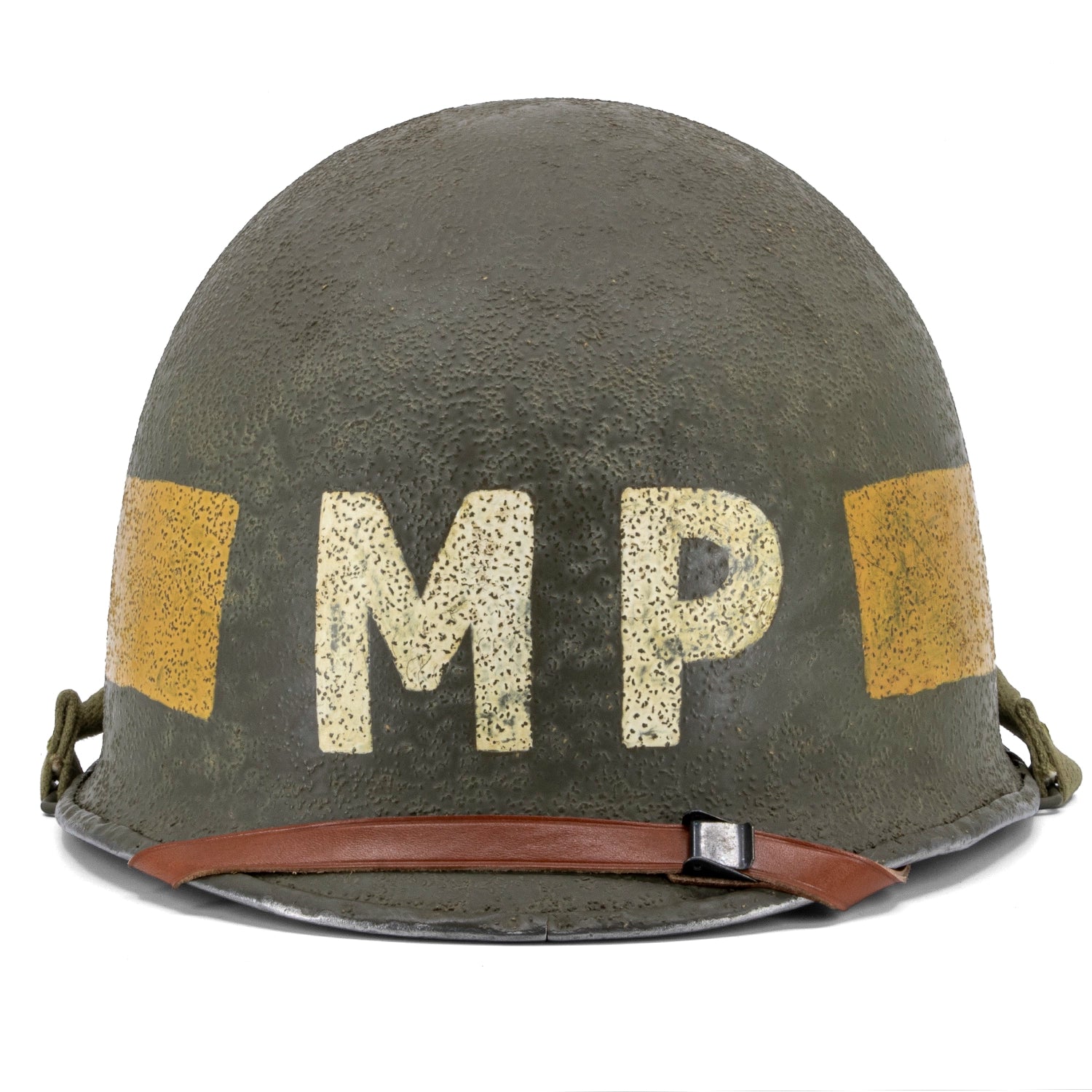 Casque complet infanterie Schlueter 365A S Liner Westinghouse -MP Jaune Battle Battered, vue de face.