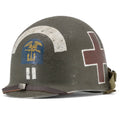 Casque Complet Infanterie US M1 Battle Battered ESB Captain Medic vue de 3/4 avant.