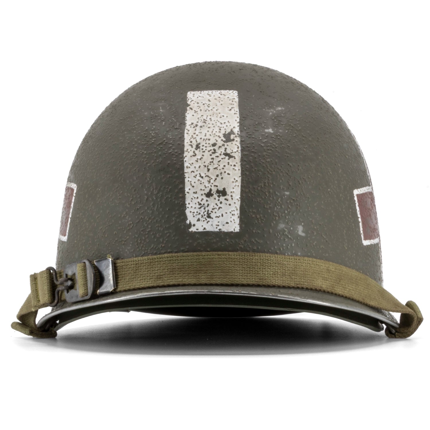 Casque Complet Infanterie US M1 Battle Battered ESB Captain Medic vue arrière de la barre verticale CO "Follow Me".