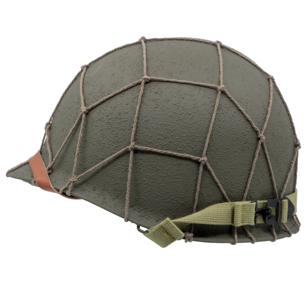 Filet Grandes Mailles reproduction casque US M1 coton vue de profil monté sur un casque US M1