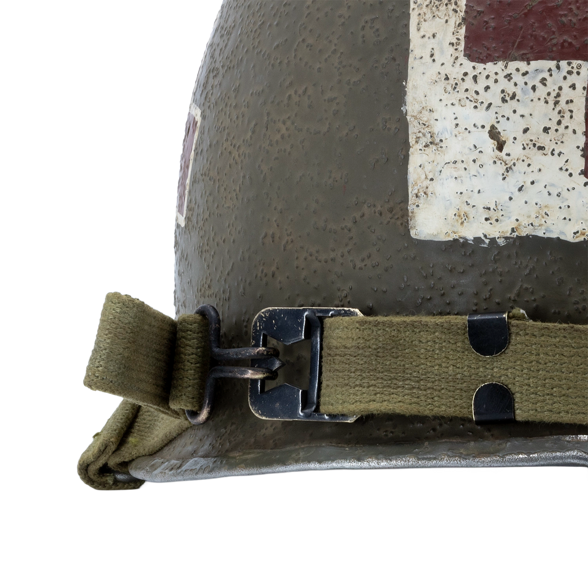 Jugulaire coton olive drab à barre surélevée du casque US M1 McCord 970A, boucle noircie et cerclage inox