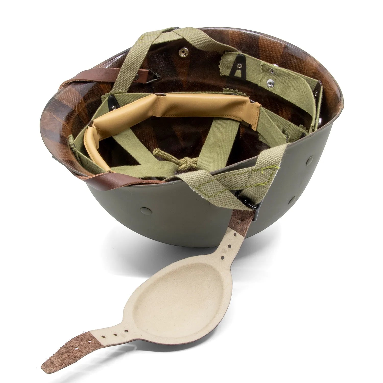 Liner US M1 fibre parachutiste posé à l'envers avec sa mentonnière en cuir.