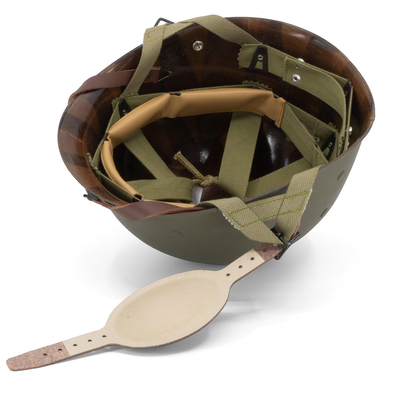 Mentonnière en cuir pour liner US M1 Parachutiste montée sur un sous-casque posé à l'envers_Mon Casque M1