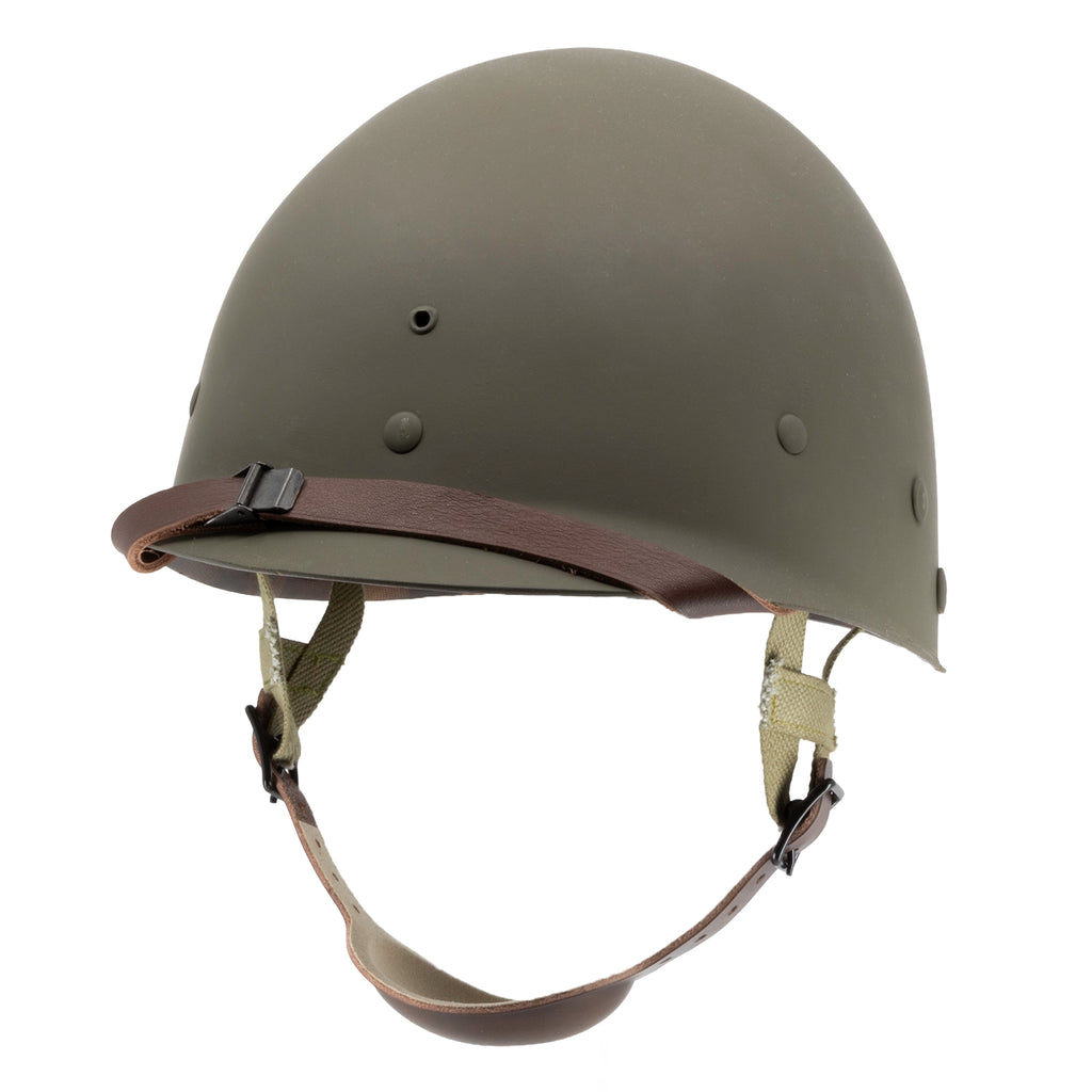 Mentonnière en cuir pour liner US M1 Parachutiste montée sur un sous-casque, vue de 3/4 avant_Mon Casque M1