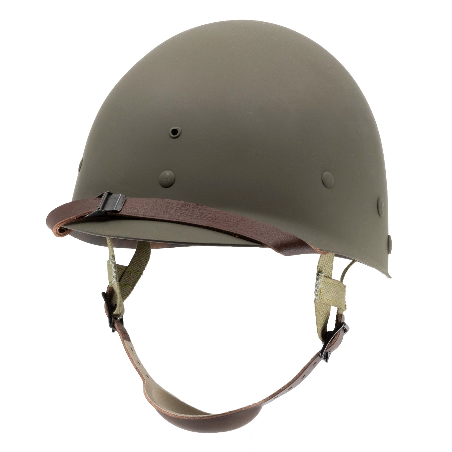 Mentonnière en cuir pour liner US M1 Parachutiste montée sur un sous-casque, vue de 3/4 avant_Mon Casque M1