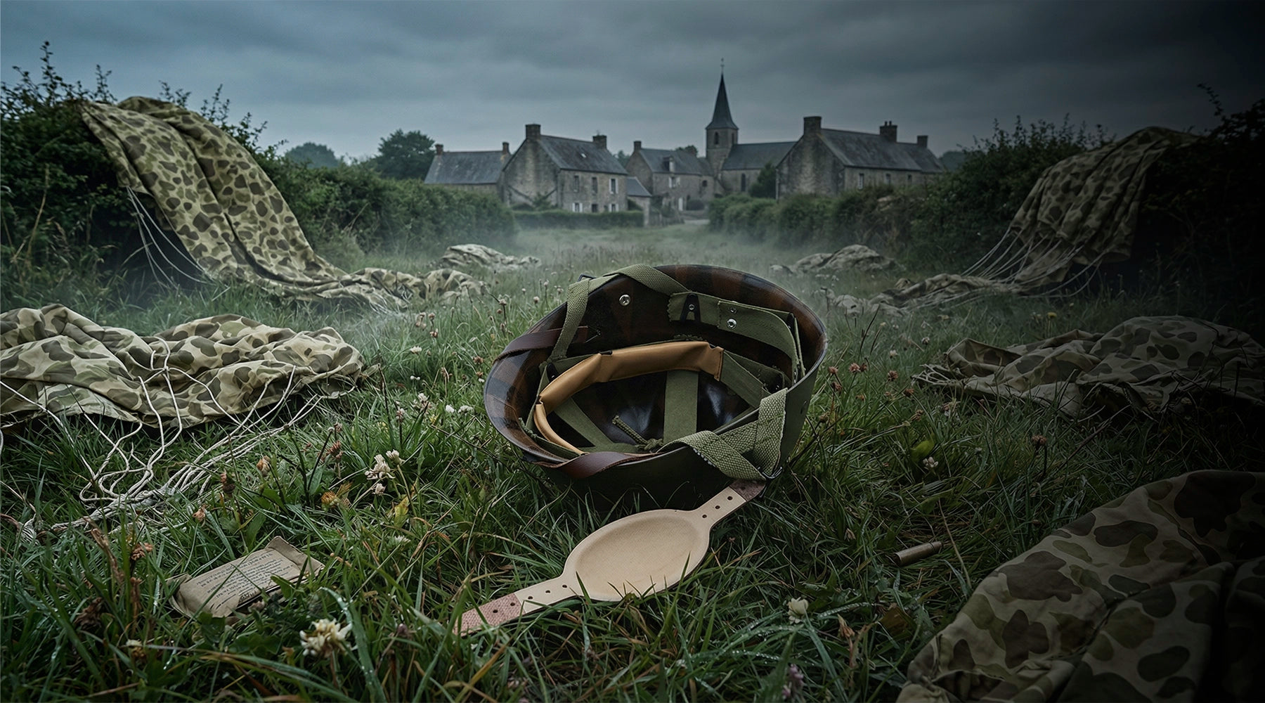 Mentonière Parachutiste version cuir Mon Casque M1 dans la campagne Normande.