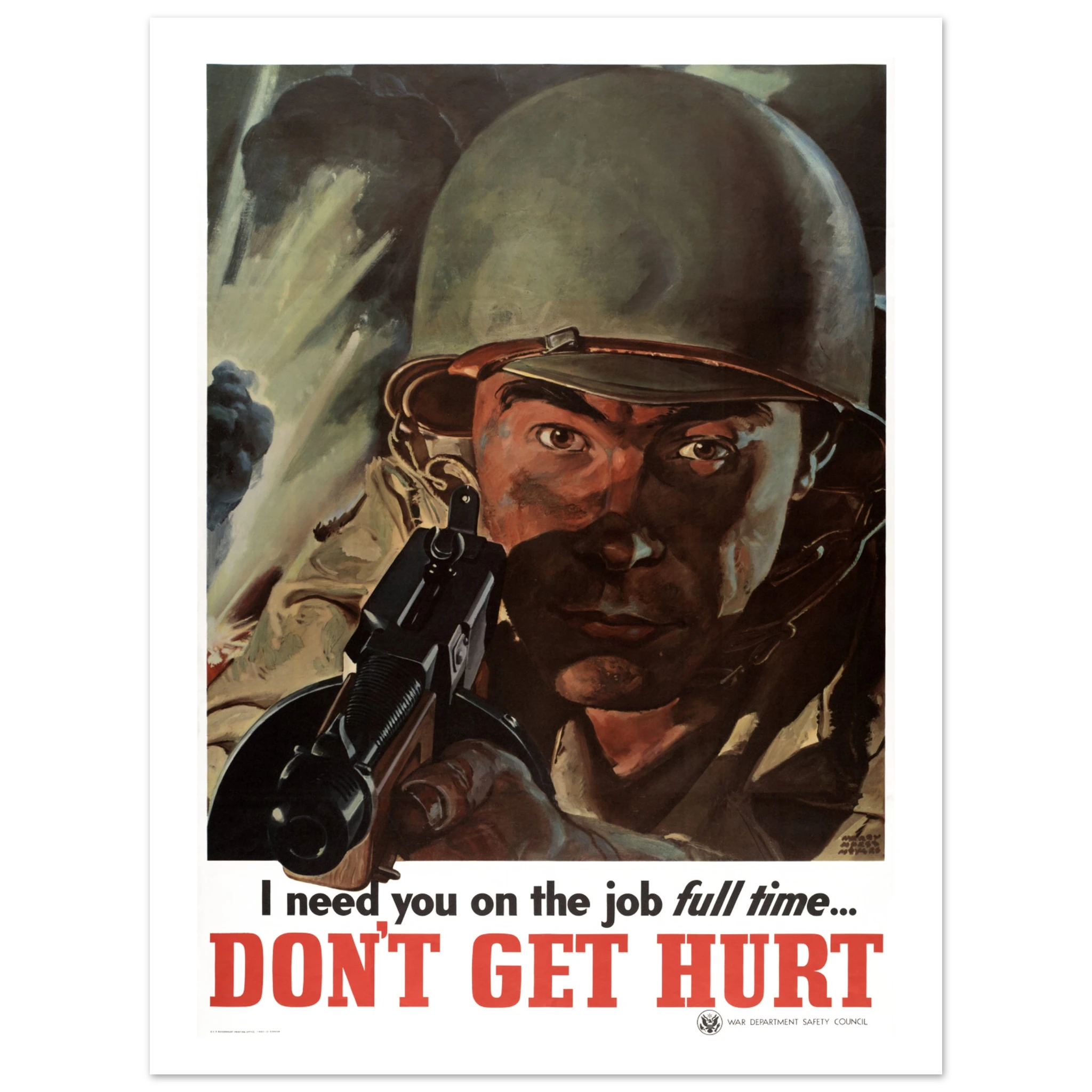 Poster Vintage WWII – « Don't Get Hurt » Mon Casque M1 45cm par 60cm