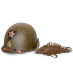 Casque Complet M1 pattes fixes Battle Battrered 2nd Infantry Division avec son filet moyennes mailles marron