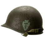 Coque de casque US M1 Battle Battered 36th Infantry Division vue de coté gauche avec son insigne peint