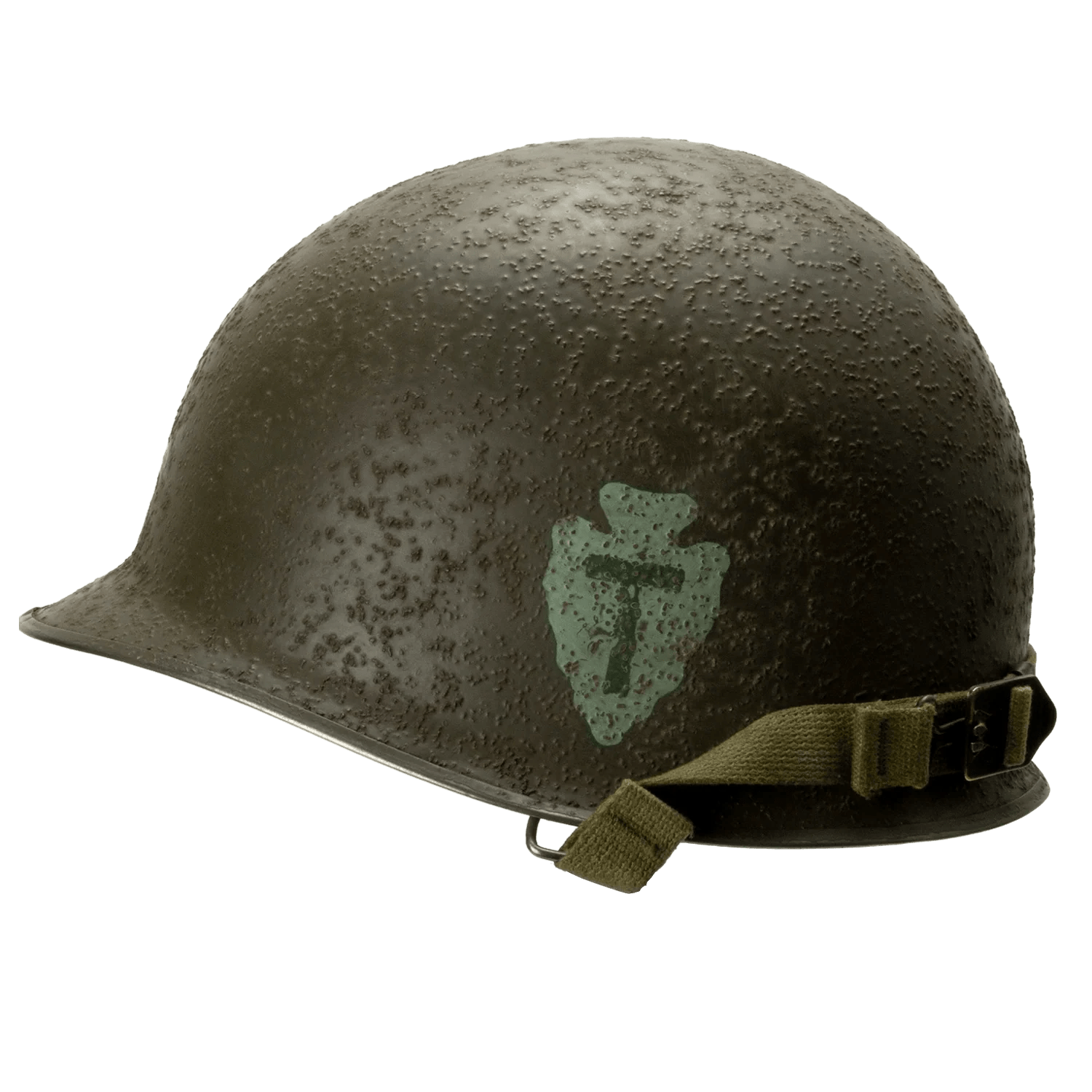 Coque de casque US M1 Battle Battered 36th Infantry Division vue de coté gauche avec son insigne peint