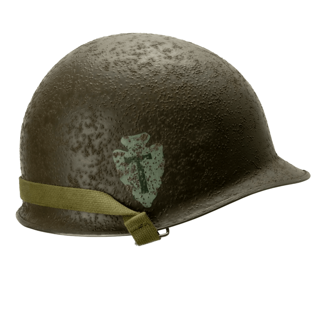 Coque de casque US M1 Battle Battered 36th Infantry Division vue de coté droit avec son insigne