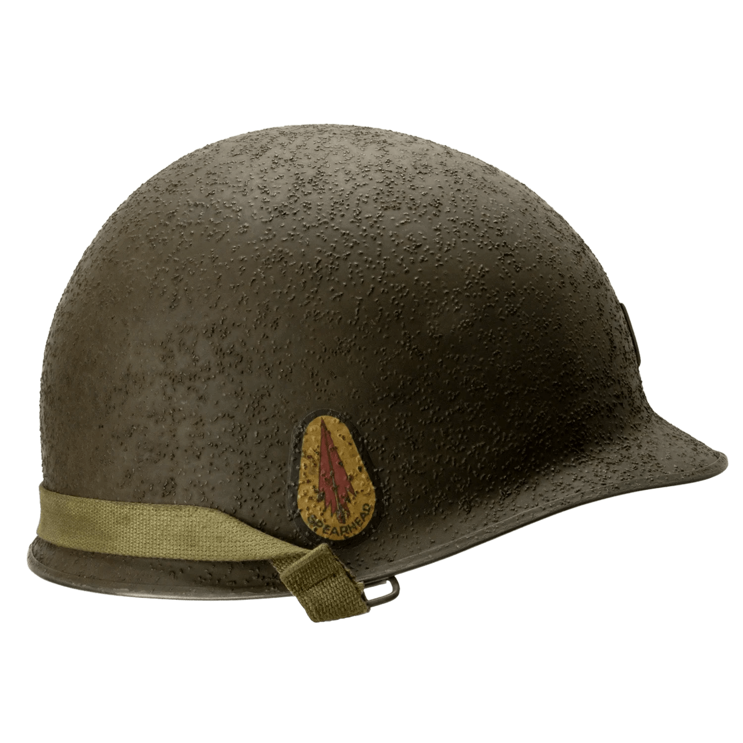 Coque de casque USM1 Battle Battered 3rd Armored Division, 2nd Lt vue du coté droit avec son insigne Spearhead