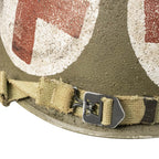 Casque Complet Infanterie US M1 69th Infantry Division Captain Medic gros plan sur la jugulaire