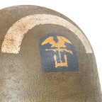 Casque Complet US M1 Battle Battered 5th Engineer Special Brigade ESB vue d'ensemble de l'insigne avant patiné