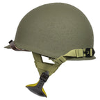 Casque Complet Parachutiste M1C vue latérale avec sa mentonnière en cuir et son sous casque Inland.