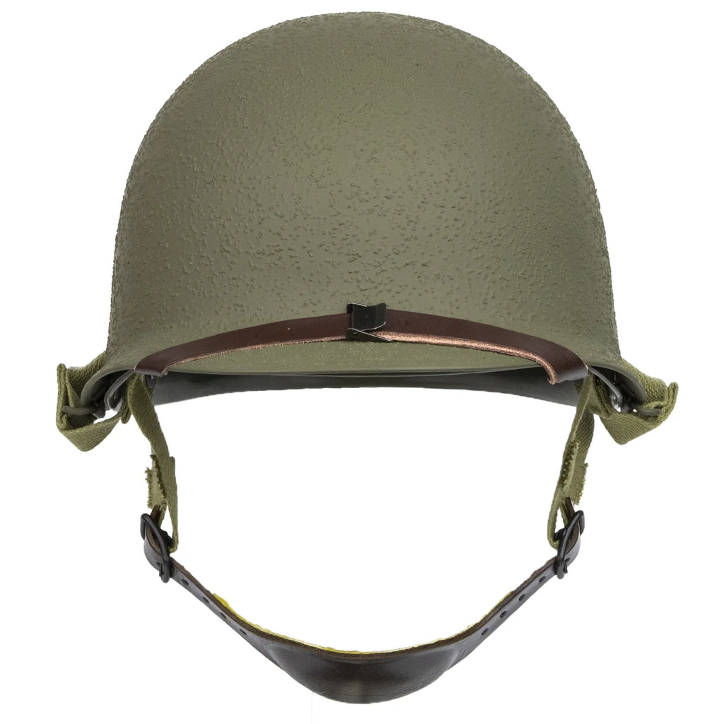 Casque Complet Parachutiste M1C vu de face avec sa mentonnière en cuir et son sous casque Inland.