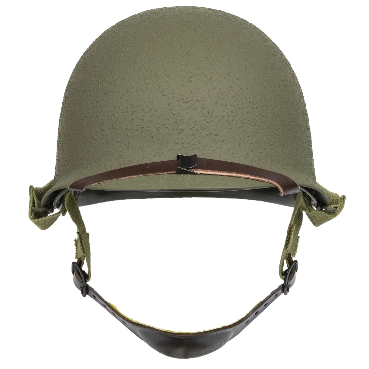 Casque Complet Parachutiste M1C vu de face avec sa mentonnière en cuir et son sous casque Inland.
