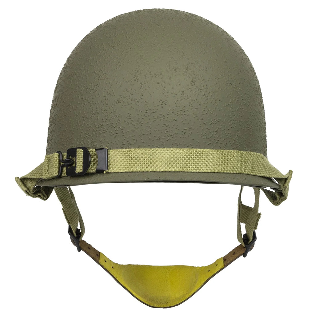 Casque Complet Parachutiste M1C vue arrière avec sa mentonnière en cuir et son sous casque Inland.