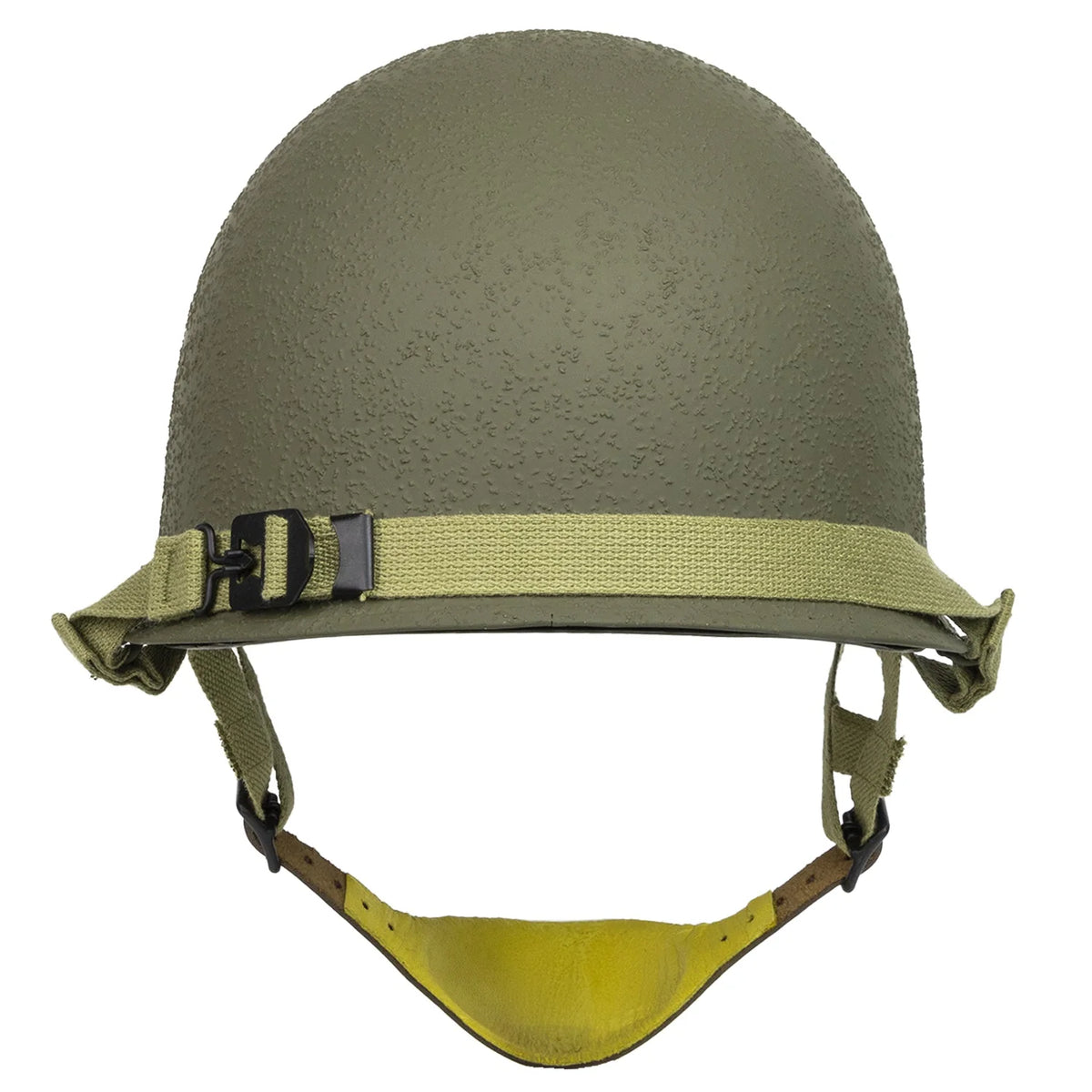 Casque Complet Parachutiste M1C vue arrière avec sa mentonnière en cuir et son sous casque Inland.