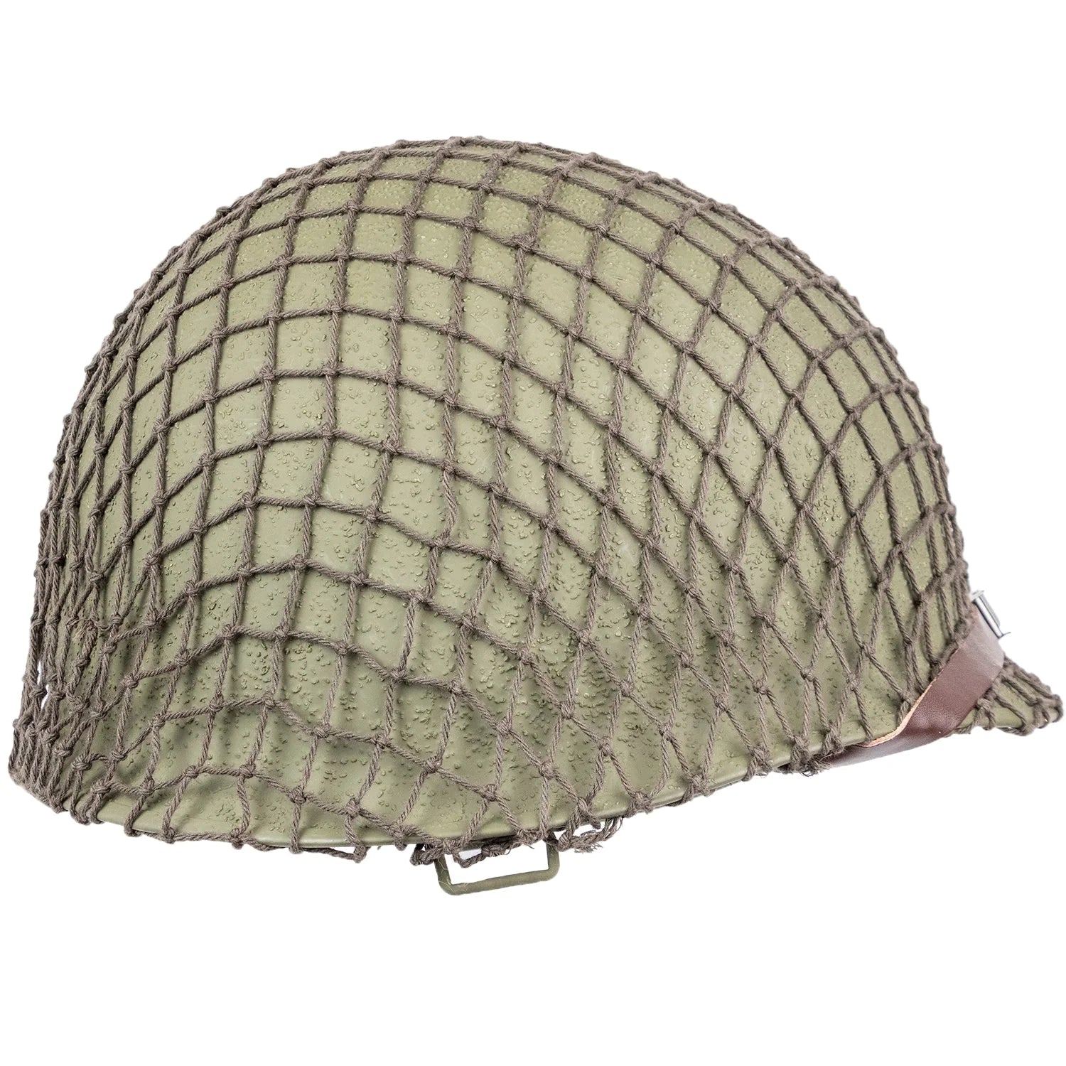 Filet Moyennes Mailles marron vue de profil sur un casque US M1.