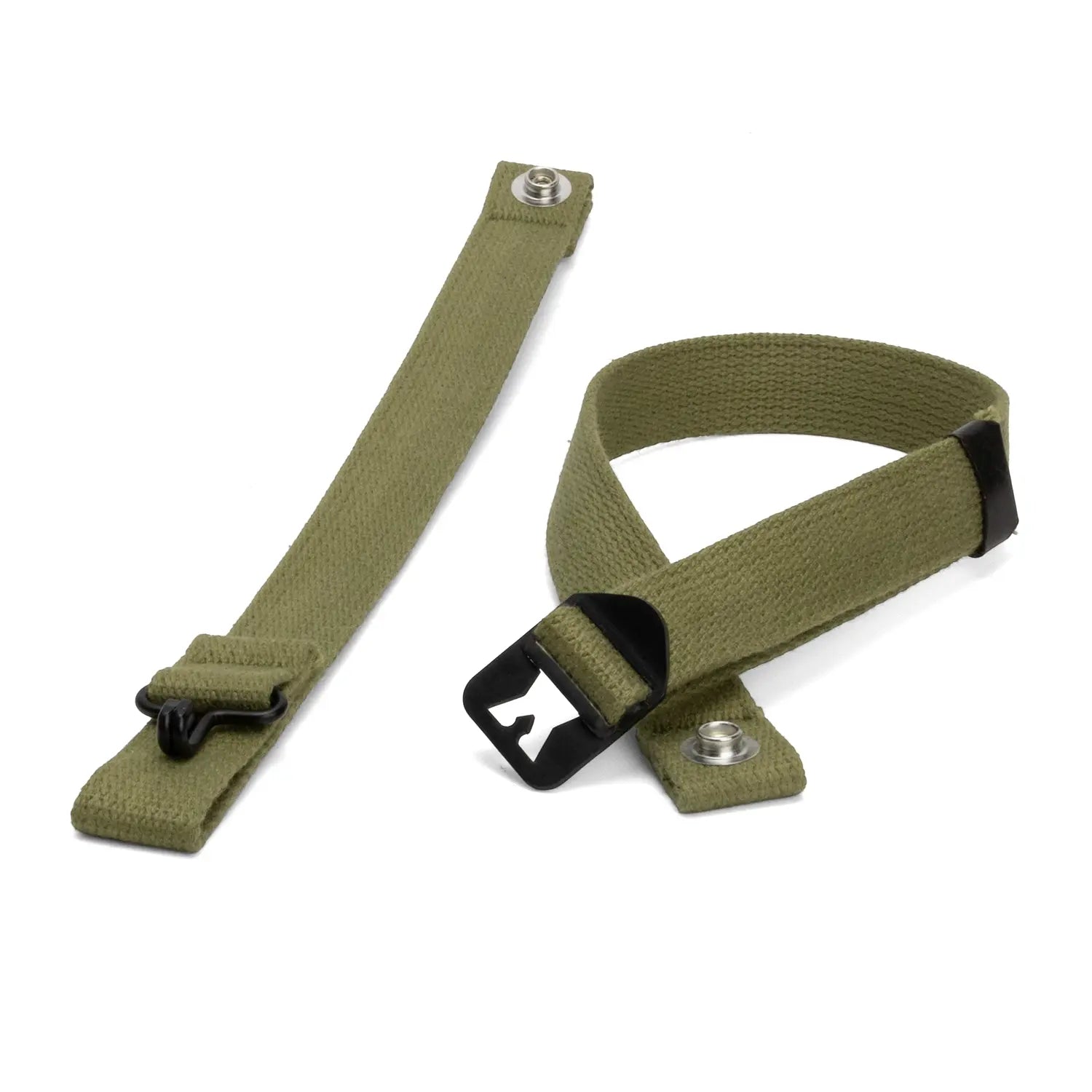 Jugulaire complète pour casque Parachutiste US M2, avec boucle "barre surélevée" Type 1 et boutons-pression chromés aux extrémités.