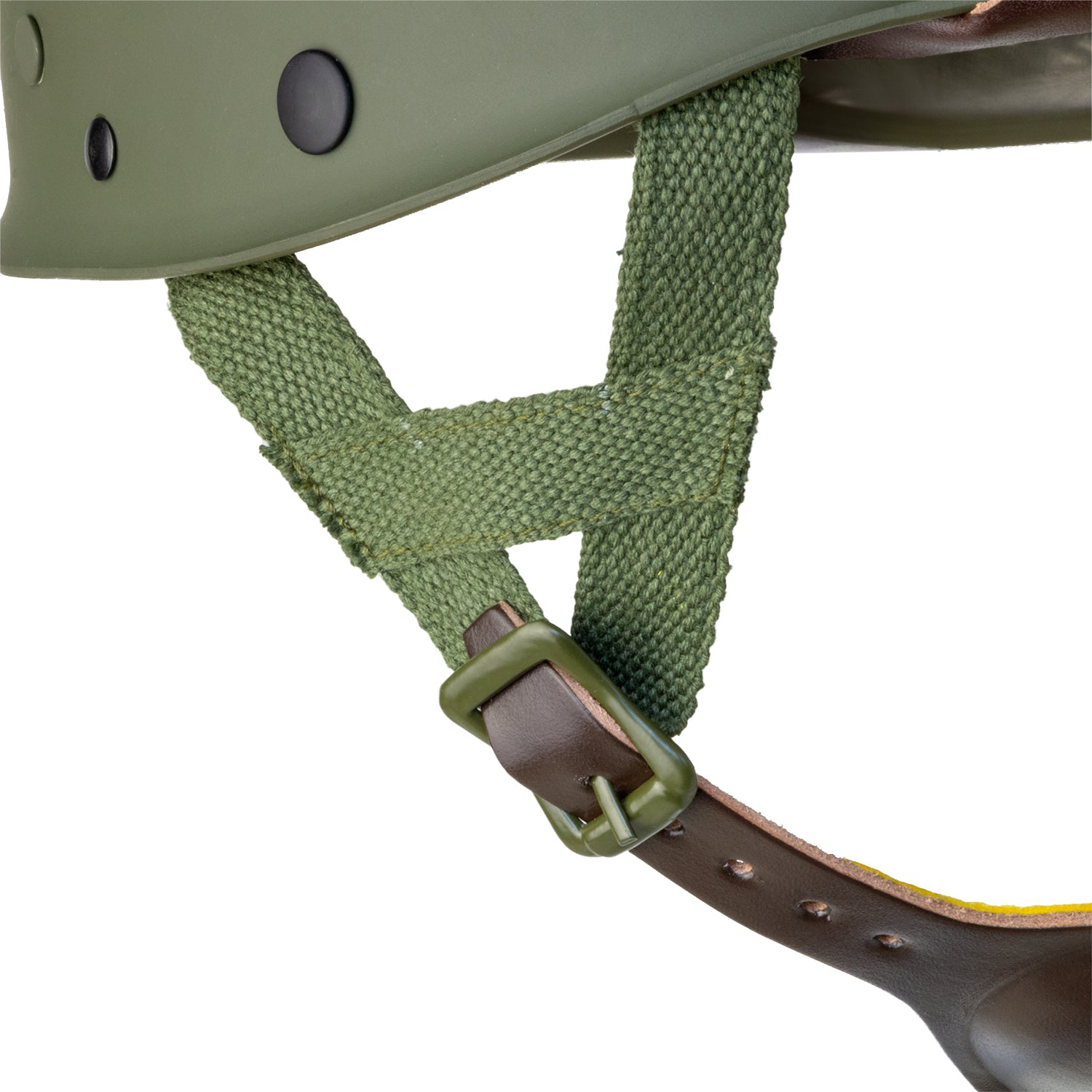 Boucle de réglage des A Yokes du liner US M1 parachutiste en reproduction version Westinghouse et sa mentonnière en cuir.