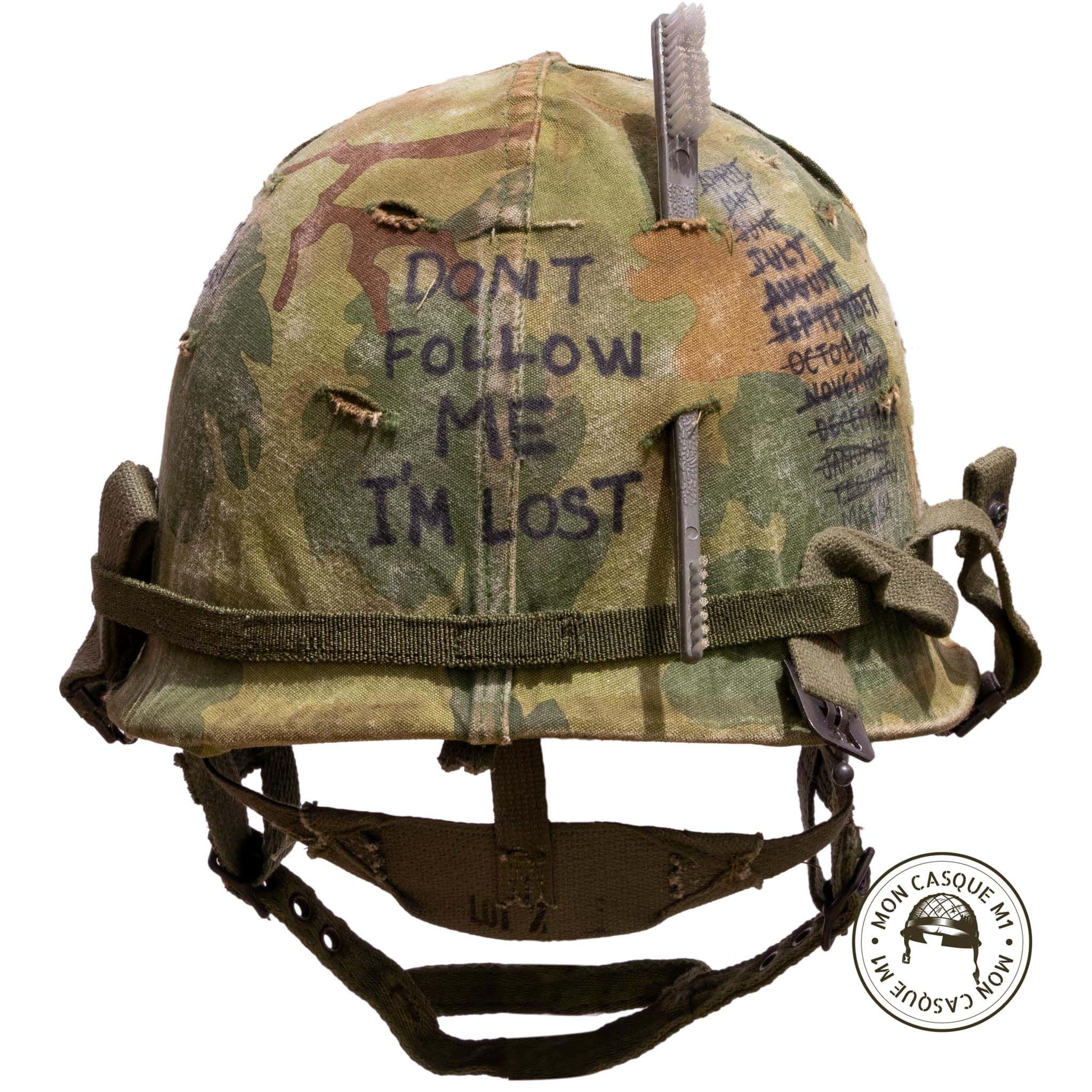 Casque US M1 Vietnam Héliporté avec couvre casque Mitchell vue arrière