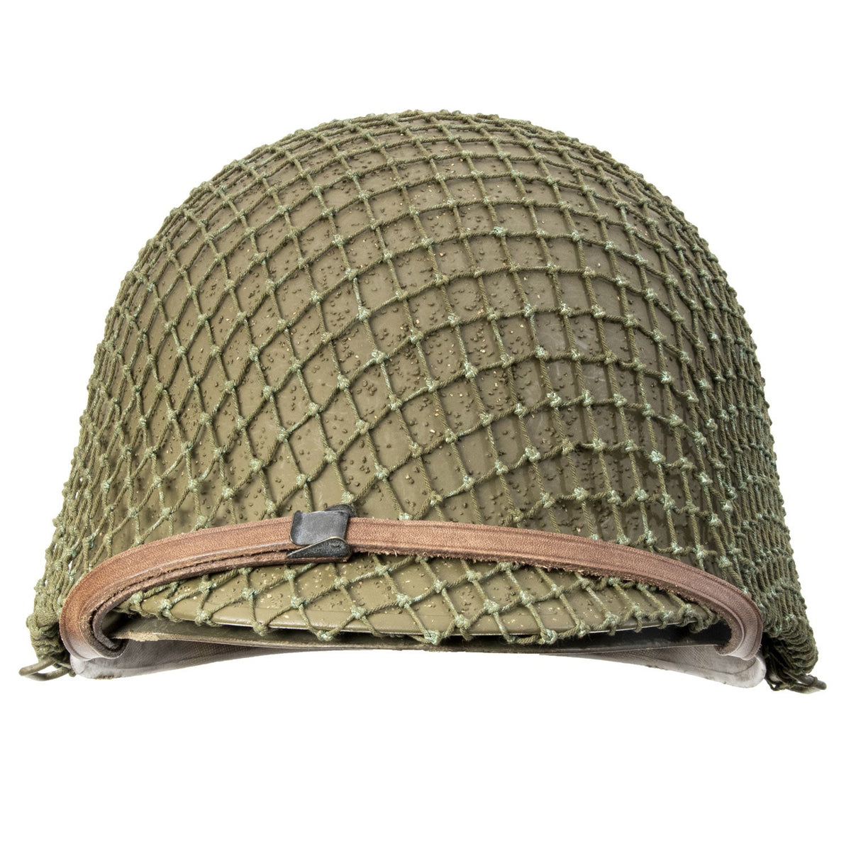 Filet petites mailles original monté sur casque US M1 vue de face